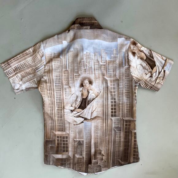 70s Polyester Kennington Disco Skyscraper Metropolis Shirt AllOver Print Men's - Picture 5 of 9